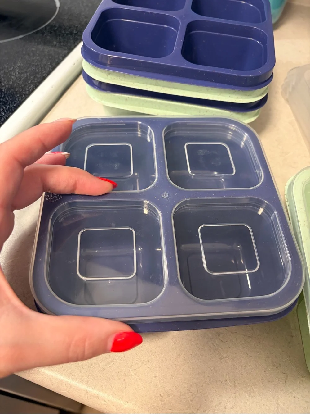 Silicone Stackable 4-Compartment Snack & Portion Tray - Navy Blue and Mint